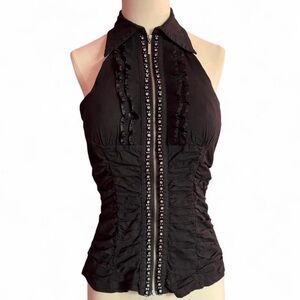 Body Central Black Halter Blouse with Ruffle Detail